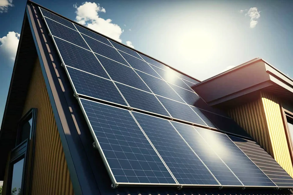 Scène extérieure d'une maison moderne avec toiture équipée de panneaux solaires photovoltaïques