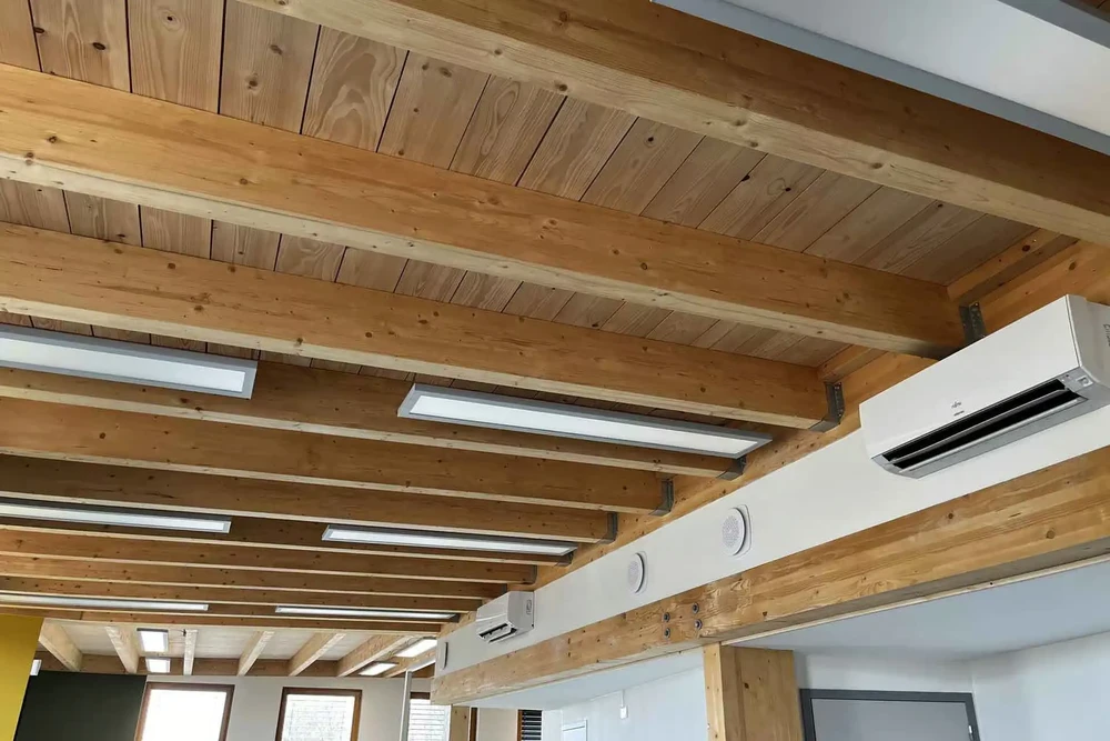 Intérieur moderne avec plafond à poutres apparentes en bois naturel et lambris