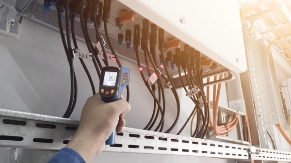 Technicien en combinaison orange haute visibilit&eacute; installant des panneaux solaires photovolta&iuml;ques sur toiture r&eacute;sidentielle